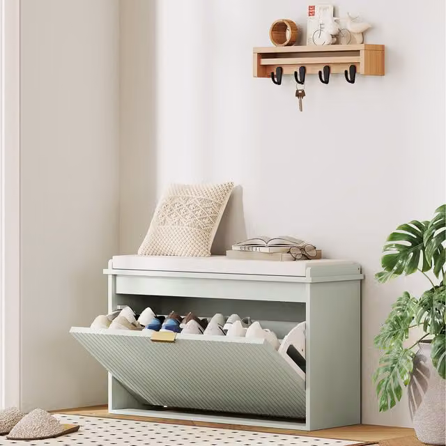 HOMCOM Green Shoe Bench with Padded Fabric Seat and Flip Drawer, W: 80 cm, H: 120 cm