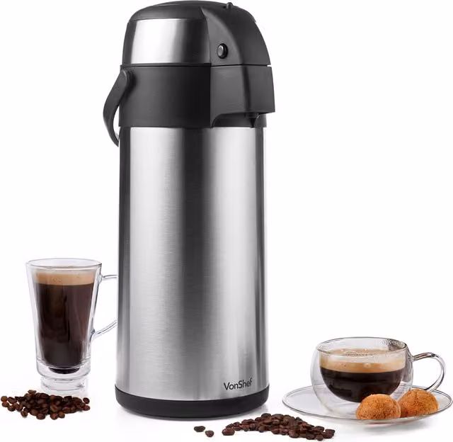 VonShef 3L Stainless Steel Double-Wall Insulated Vacuum Airpot Coffee and Tea Dispenser in Silver with Safety Lock and Carry Handle