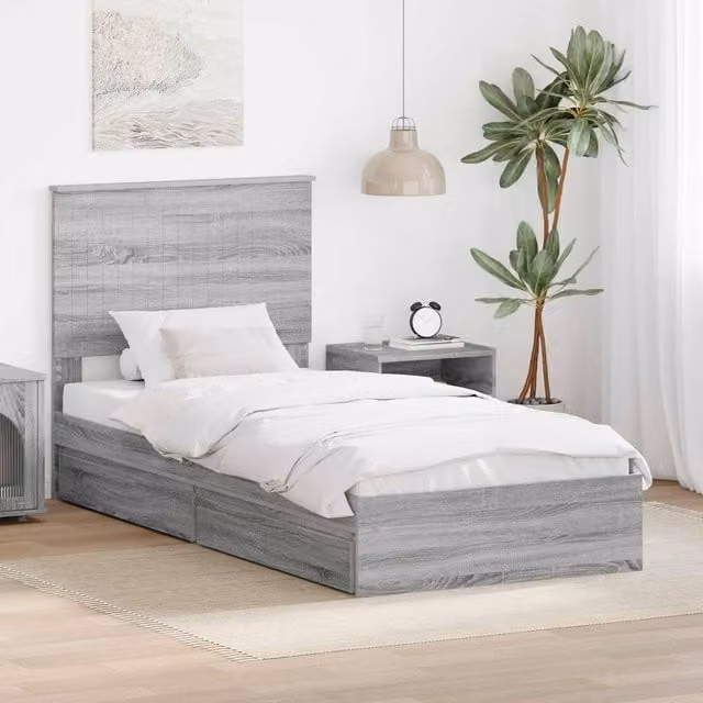 Berkfield Home Grey Sonoma Storage Bed with Drawer in Engineered Wood W/D/H: 90 x 190 cm