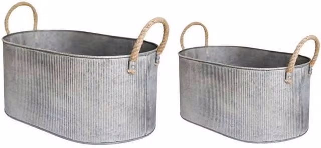 Lemon Pavilion Furniture and Decor Galvanised Steel Outdoor Rope Handle Trough Planter Set of 2 in Grey