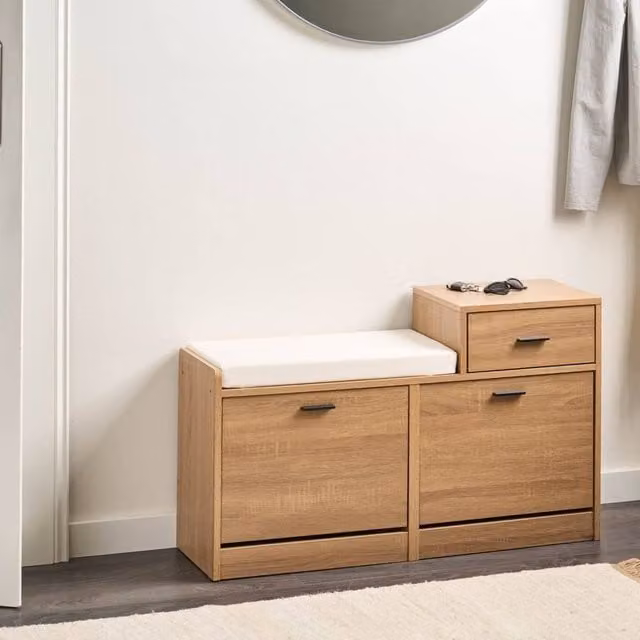 Wyld and Coco Shoe Storage Cabinet with Padded Seat in Brown