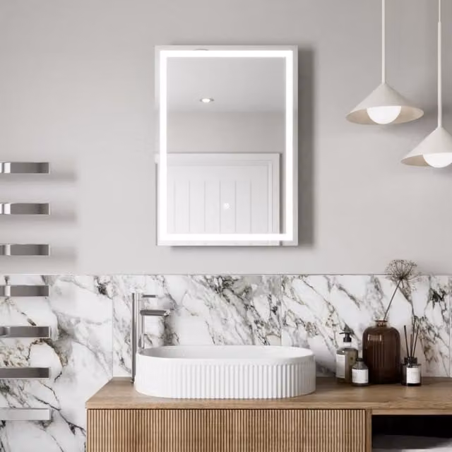 Bathwell Modern Rectangular LED Bathroom Mirror in Silver and White, W: 50 cm, H: 70 cm, with Touch Sensor and Battery Power