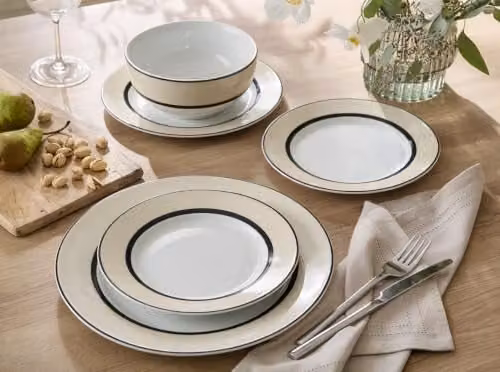 Waterside 12-Piece Beige Striped Porcelain Dinner Set