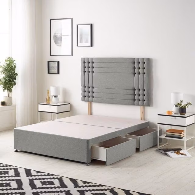 Somnior Beds Ltd Saville Super King Linen Fabric Solid Top Divan Bed Base with 32 inch Headboard and Drawers, Silver/Grey, W/D/H: 200 x 200 cm