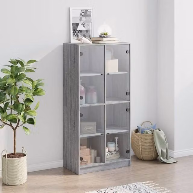 Berkfield Home Modern Grey Highboard with Glass Doors, W/D/H: 68 x 37 x 142 cm