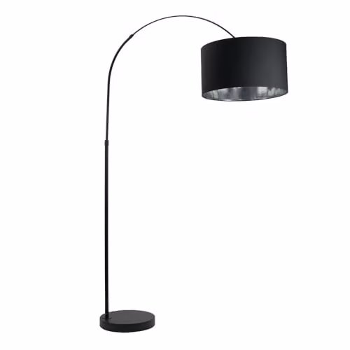 ValueLights Louis Black Arched Floor Lamp with Chrome and Fabric Shade, H 180 cm x W 45 cm x D 45 cm