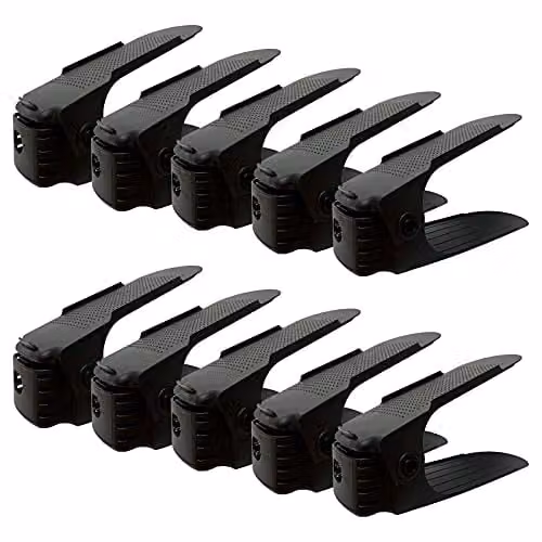 AMOS Pack of 10 Black Plastic Adjustable Space-Saving Shoe Storage Organiser Slots with 3-Level Height and Non-Slip Shelf Holder