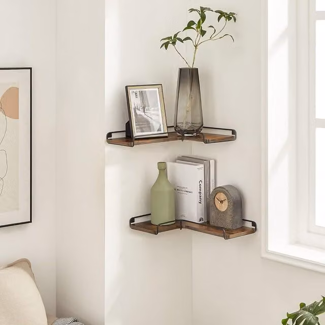 VASAGLE Set of 2 Industrial Style Floating Corner Wall Shelves in Brown