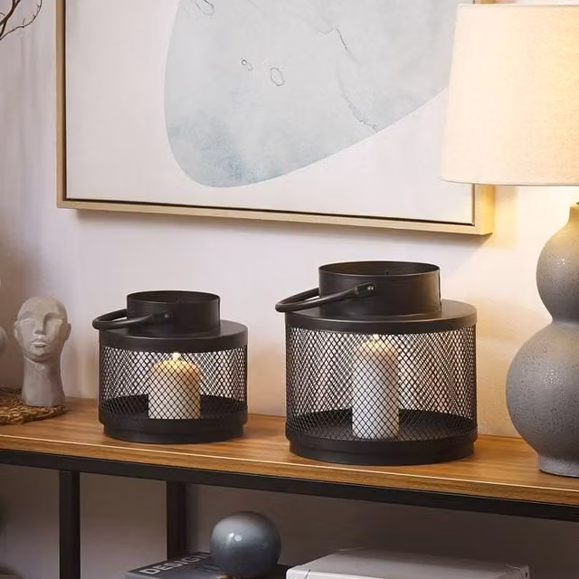 Wyld and Coco Black Metal Pillar Candle Holder Lantern, Height: 24 cm
