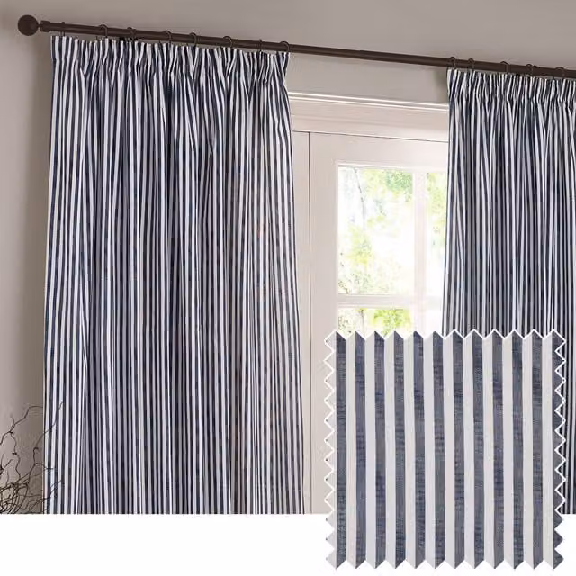 Make It A Home Hebden Striped Cotton Pencil Pleat Curtain Pair in Blue, Height: 229 cm