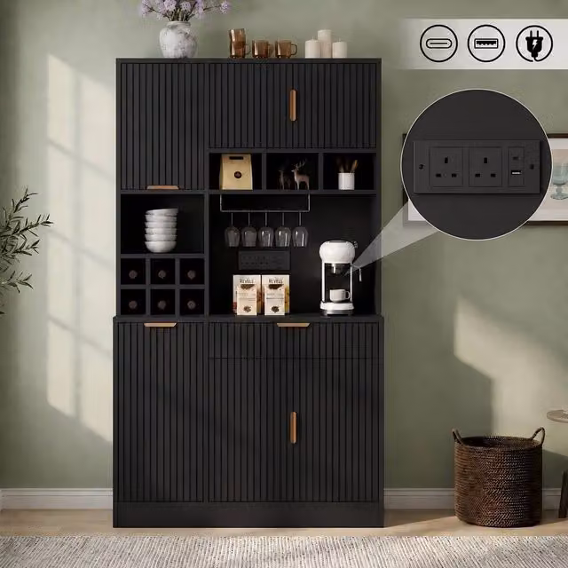 ModernLuxe Tall Sideboard Cabinet in Black with Doors, Drawer, Wine Rack and USB, H 175 x W 40 x D 40 cm