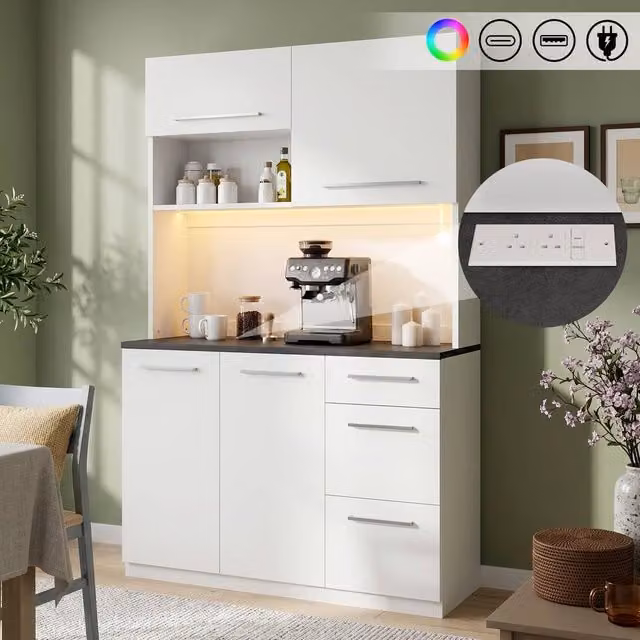BTM Modern White Tall Kitchen Cabinet with Integrated LED Lighting and Glass Doors, H 180 x W 120 x D 40 cm