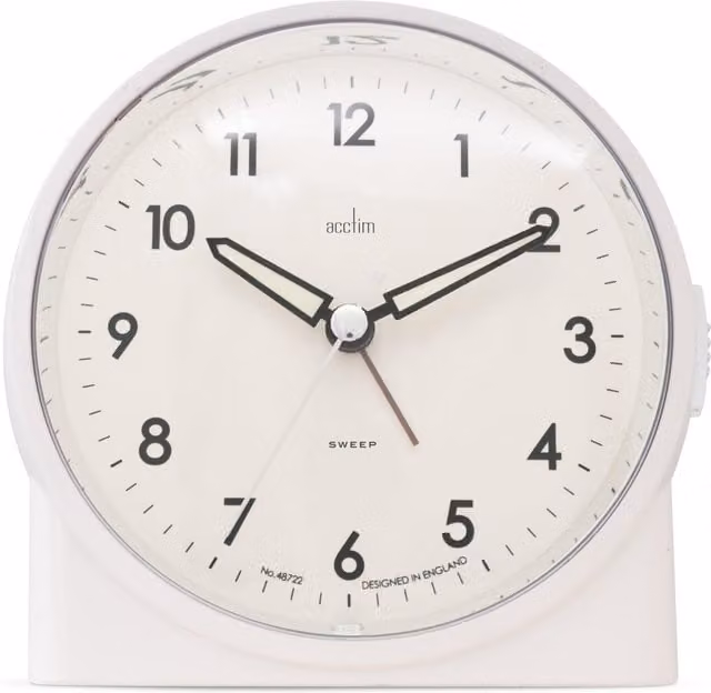 Acctim Arlo Round Analogue Quartz Tabletop Alarm Clock with Silent Sweep and Illuminated Hands in White or Beige