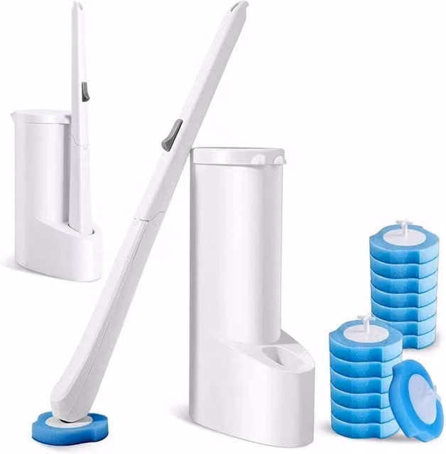 KORVIXA 16-Piece Disposable Toilet Brush Set in Blue with Covered Freestanding Plastic Holder