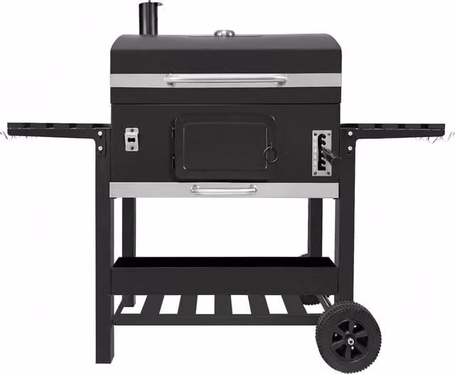 Monstershop XXL Offset Charcoal BBQ Smoker Grill in Black with Cast Iron and Steel Construction and Thermometer, W/D/H: 120 x 66.5 x 147 cm