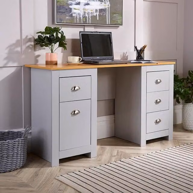Home Source Camden Modern 3 Drawer Single Pedestal Computer Storage Desk in Grey Oak