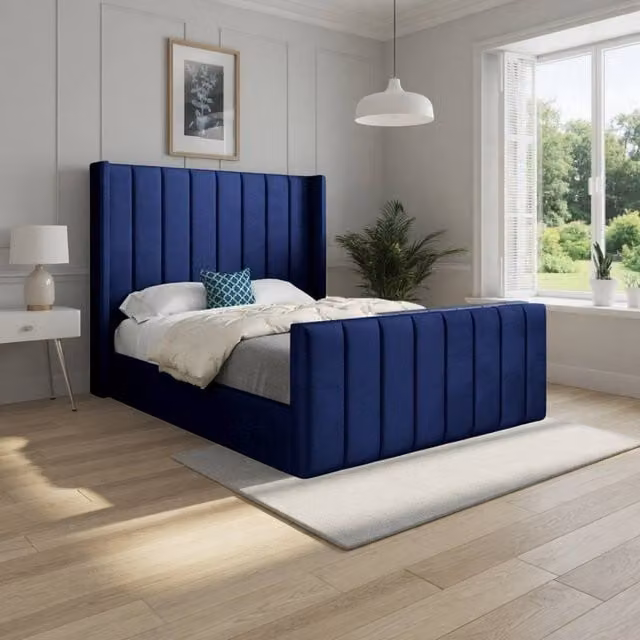 KDMD Strumpshaw Winged Upholstered Blue Soft Velvet Designer Bed Frame, W/D/H: 140 x 200 x 137 cm