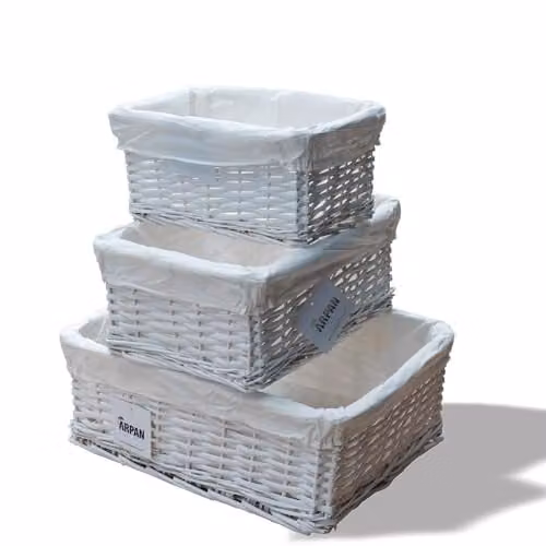 Arpan Set of 3 White Wicker Gift Hamper Storage Baskets with Fabric Lining