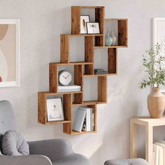 Berkfield Home Wall Mounted Cube Shelf in Old Wood Brown, W/D/H: 90 x 15 x 119.5 cm