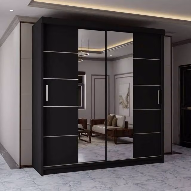 MN Furniture Modern Sliding Mirror Wardrobe Doors with Integrated LED Lighting in Black and Silver, W: 150 cm, H: 217 cm