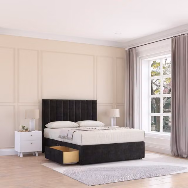 Sloomy Kansas Super King Plush Velvet Memory Foam Bed Set with 2 Drawers, Mattress and Headboard in Black