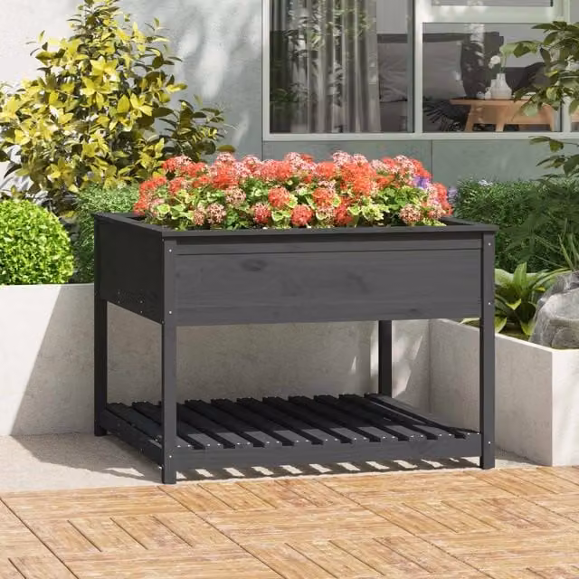 Berkfield Grey Solid Wood Pine Planter with Shelf W: 111.5 cm, D: 111.5 cm, H: 81 cm