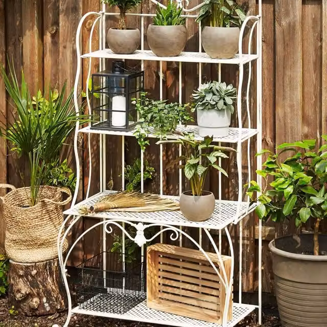 Wyld Haus Retro 4-Shelf Metal Plant Stand in Matt Beige for Indoor and Outdoor Use