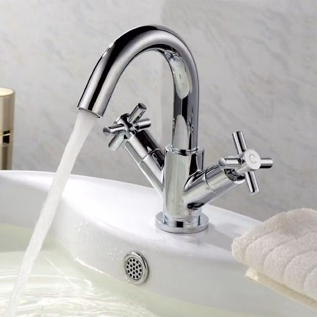 Nes Home Indigo Mixer Basin Mono Tap with Cross Head and Sprung Clicker Waste in Silver