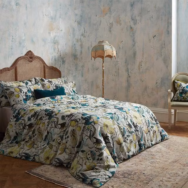 Edinburgh Weavers Morton Floral Reversible Mako Satin Cotton Duvet Cover Set in Petrol and Turquoise, W: 200 cm x L: 200 cm