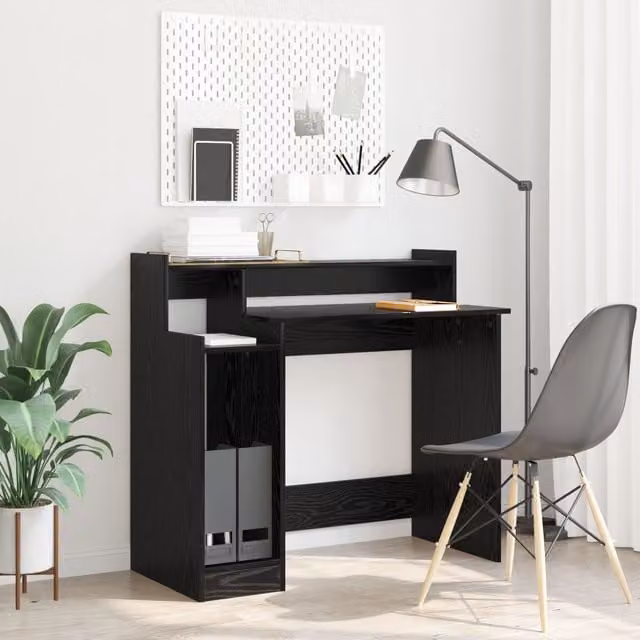 Berkfield Modern Black Oak Writing Desk with Storage Shelf and Matt Finish