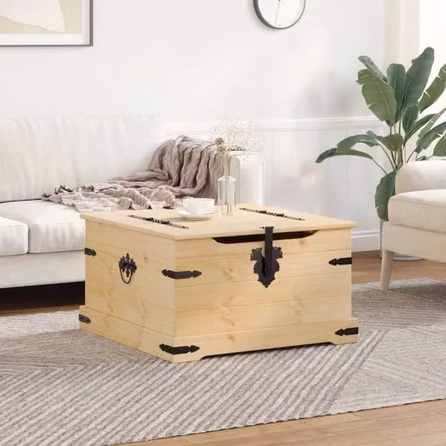 Berkfield Home Corona Storage Box in Light Brown Waxed Solid Pine, W: 78 cm, D: 78 cm, H: 45 cm