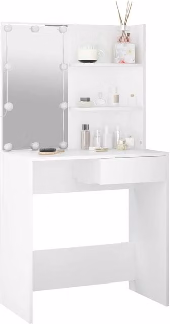 Berkfield Home White Dressing Table with Hollywood LED Mirror, W/D/H: 74.5 x 40 x 141 cm