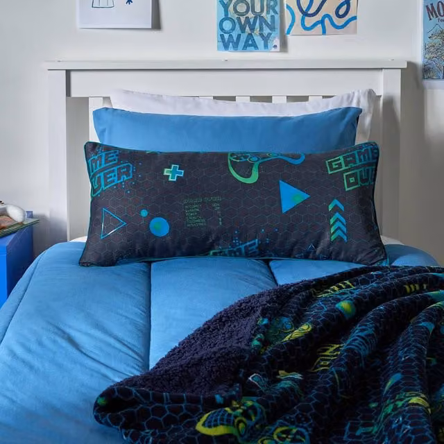 OHS Kids Gaming Print Bolster Pillow, Soft Black Back Support Cushion
