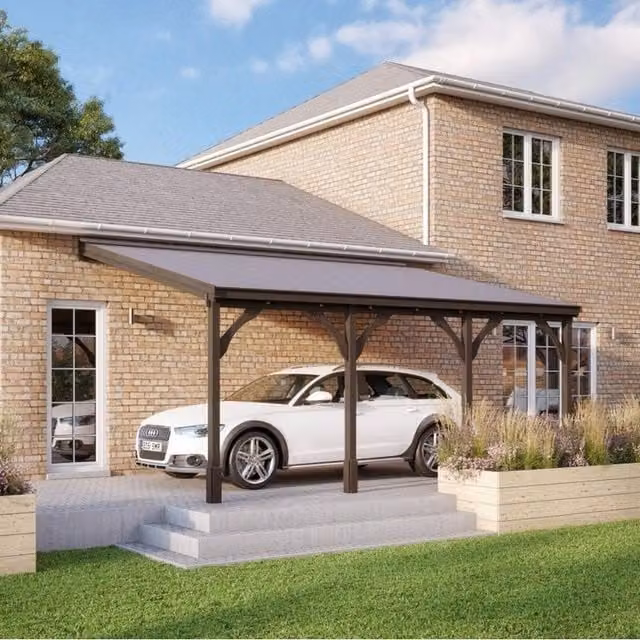 Rutland County Garden Furniture Ltd Rustic Brown Wood Pent Carport with Bitumen Shingle Roof, W: 650 cm, L: 200 cm