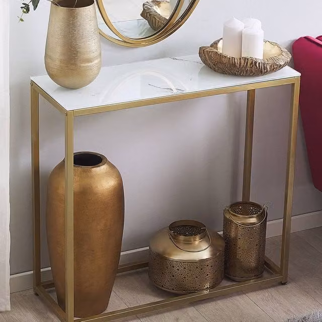 Wyld and Coco Console Table with White Marble Effect Tempered Glass Top and Gold Base, W/D/H: 80 x 30 x 76 cm