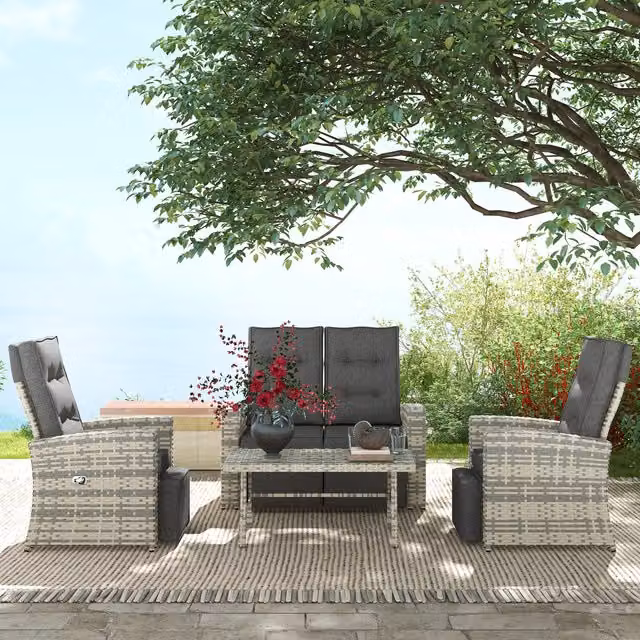 Outsunny 4-Piece Rattan Garden Furniture Set in Light Grey with 2-Seater Sofa, Armchair, Coffee Table and Upholstered Cushions