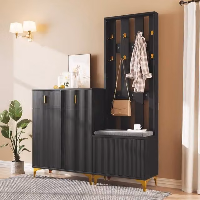 Merax Modern Hallway Storage Set with Shoe Cabinet, Bench and Wall Rack in Matt Black and Gold