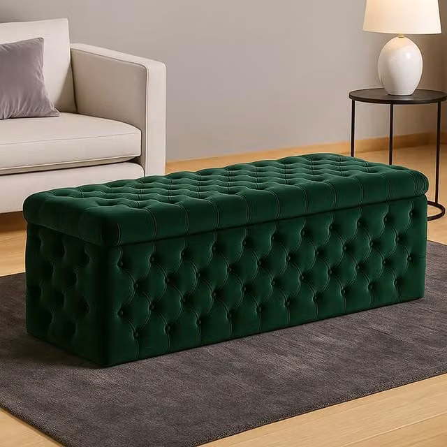 R&M Furnishers Wide Lux Chesterfield Ottoman Storage Box in Green Velvet