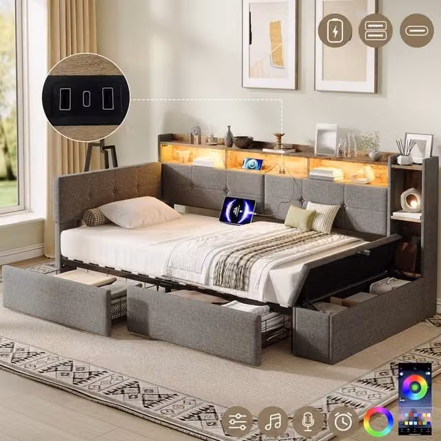 BTM Single Linen Daybed with LED Under-bed Lighting, USB Charging Port and Ottoman Storage in Grey, W/D/H: 90 x 190 cm