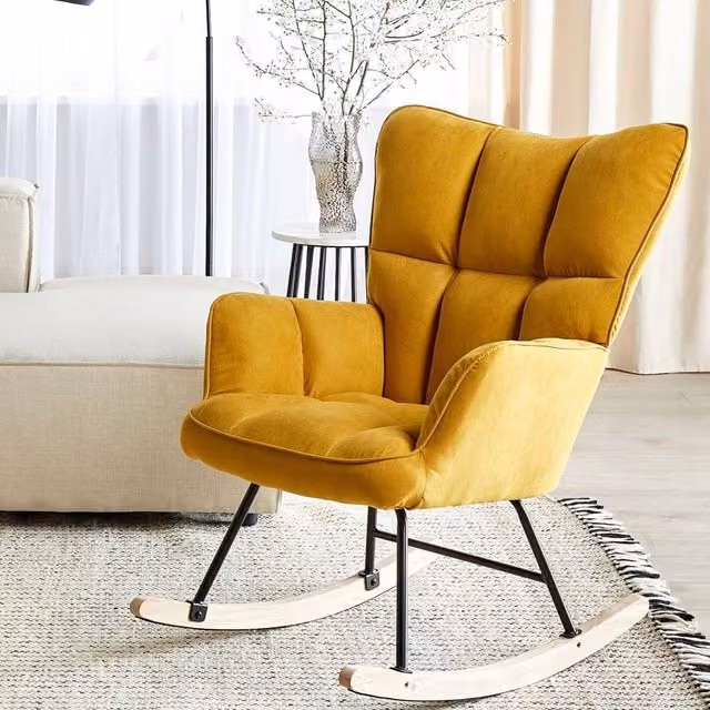 Wyld and Coco Yellow Mid-Century Rocking Chair with Polyester Upholstery and Rubberwood Frame