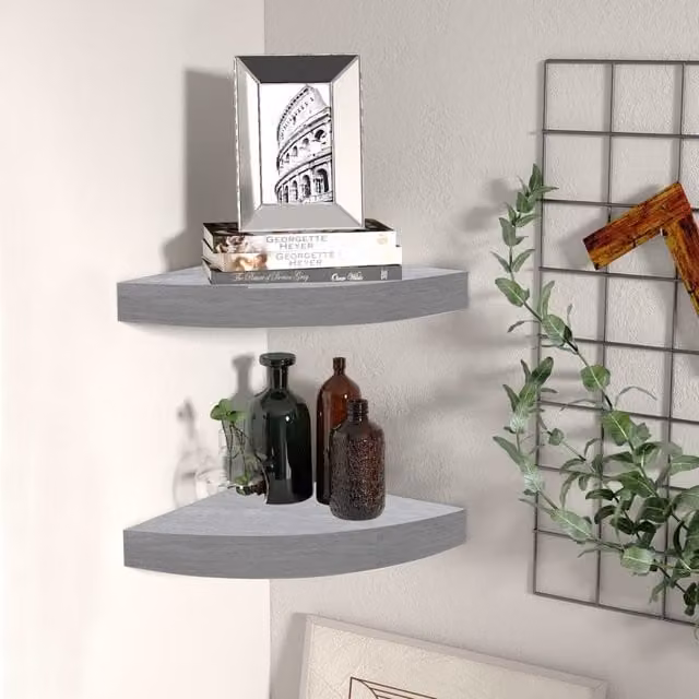 Berkfield Home Wall Mounted Corner Shelves, 2 Pack, Concrete Grey MDF and Metal, W/D/H: 25 x 25 x 3.8 cm