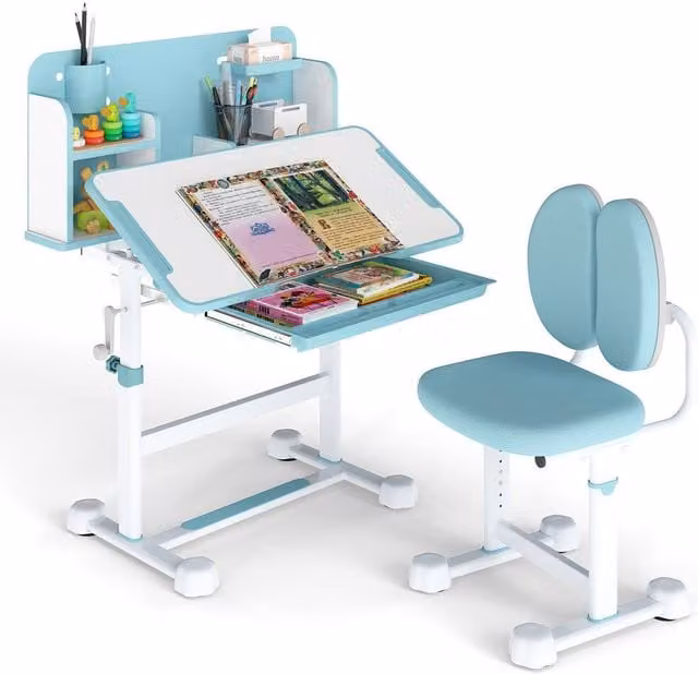 Gymax Height-Adjustable Tilting Study Desk and Chair Set for Children in Baby Blue