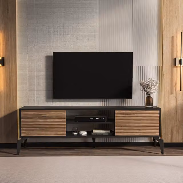 Decorotika Lojo Modern Black Wood TV Unit with Abstract Pattern, Width: 160 cm