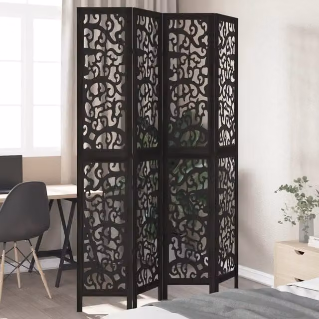 Berkfield Home 4-Panel Black Solid Paulownia Wood Room Divider