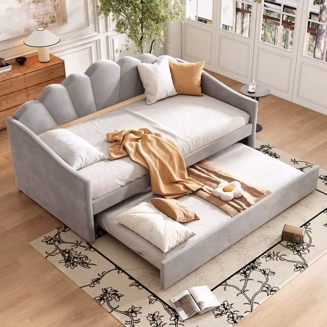 BTM Grey Velvet Upholstered Daybed with Trundle for Adults and Teens, W/D/H: 190 x 90 x 95 cm