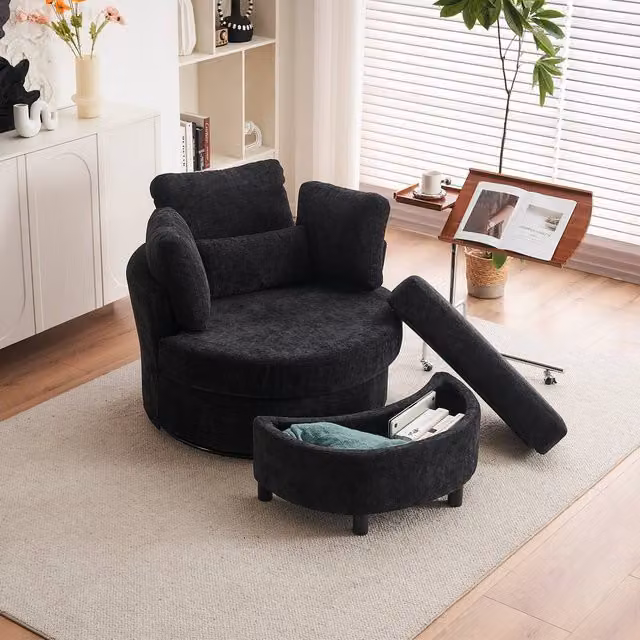Direct Wicker Black Chenille Swivel Armchair with Cushion Pillow and Matching Crescent Ottoman Stool