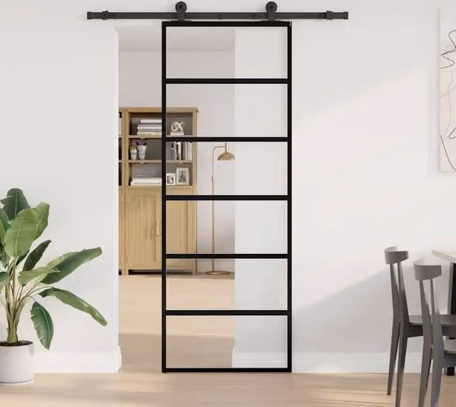 Berkfield Home Modern Sliding Door with Hardware Set, Black ESG Glass and Aluminium, W: 76 cm, H: 205 cm