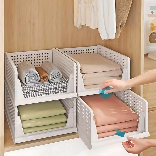 The Bazaarist Set of 4 Stackable and Foldable Wardrobe Storage Baskets, White, Plastic, W: 43.0 cm, D: 33.0 cm, H: 18.5 cm