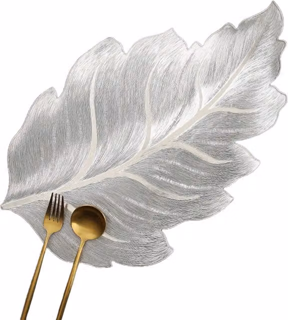 Latto Y096 Leaf Silver Modern Non-Slip and Stain-Repellent PVC Mat in Silver and Gold