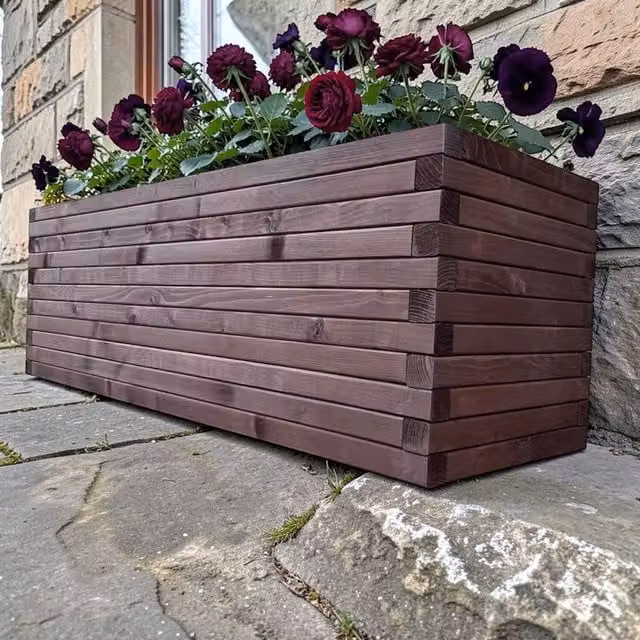 Bespoke Outdoor Rustic Wooden Garden Planter Trough in Brown, Width: 60 cm
